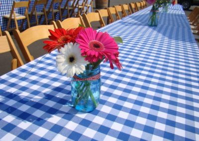 Long outdoor table with blue and white gingham table clothes and vases with gerbera daisies.