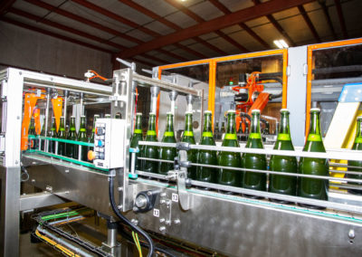 Close-up shot of sparkling wine bottles on the tirage bottling production line conveyer.