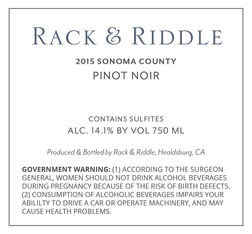Visual example of the back of a Rack & Riddle wine bottle label.