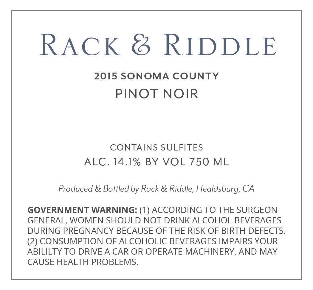 Back of bottle label example. Visual example of the back of a Rack & Riddle wine bottle label.