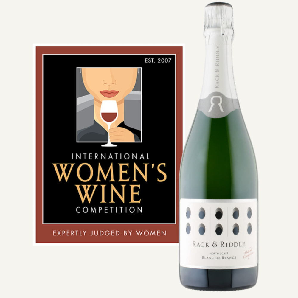 2019 International Women's Wine Competition logo and bottle of Blanc de Blancs.