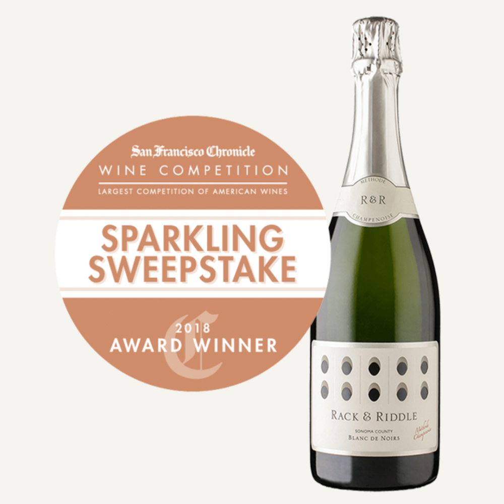 Rack & Riddle Sonoma County Blanc De Noirs Sweepstakes Winner at 2018 San Francisco Chronicle Wine Competition! 2018 San Francisco Chronicle Wine Competition logo and a bottle of Blanc de Noirs.