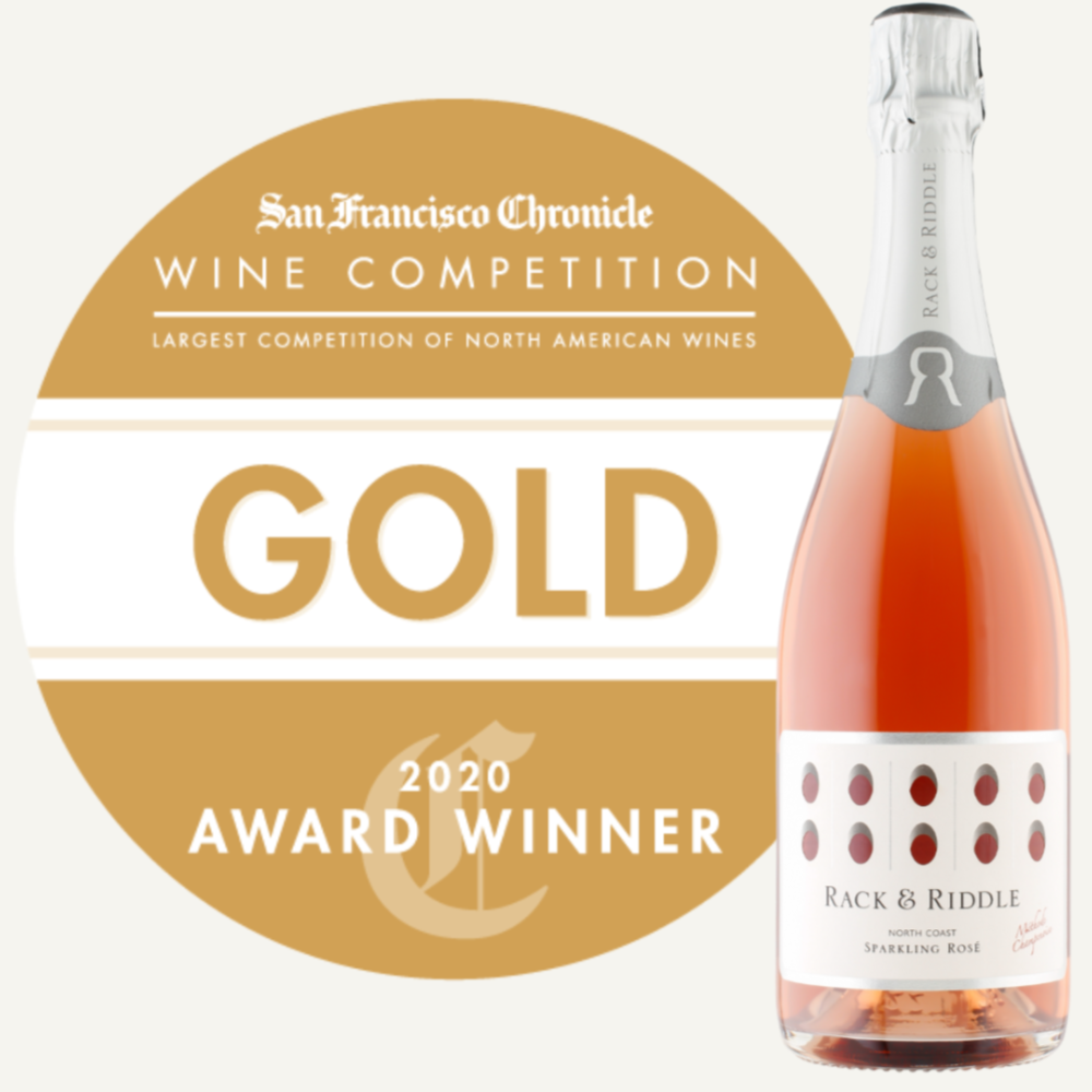 Rack & Riddle Wins Gold at SFCWC for Sparkling Rosé! SFCWC 2020 Gold Medal and a bottle of the winning Sparkling Rosé.
