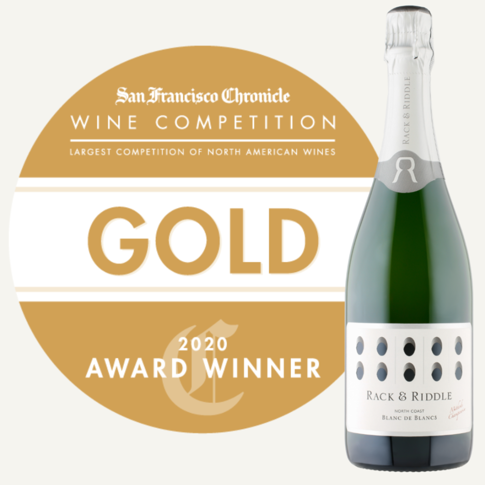 SFCWC 2020 Gold Medal and a bottle of the winning Blanc de Blancs. Rack & Riddle Gold Medal at SFCWC
