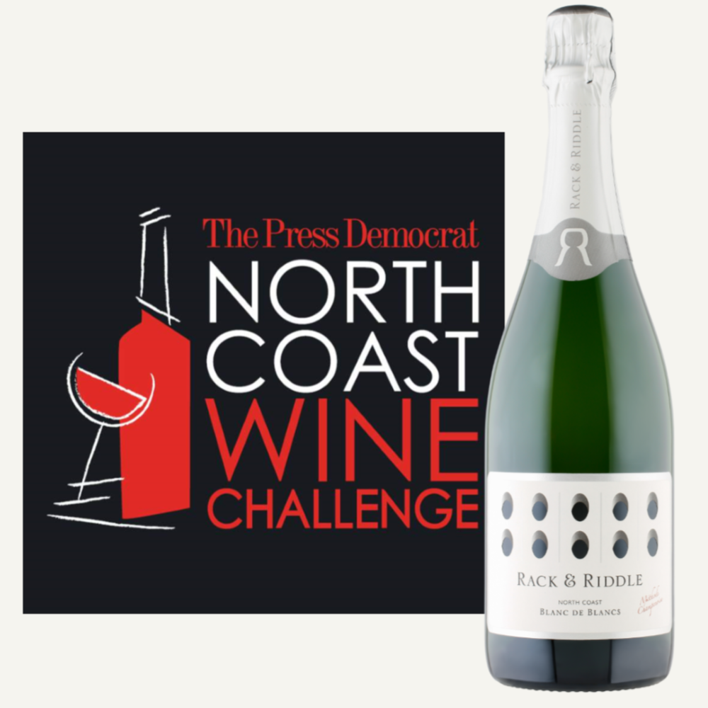 The Press Democrat North Coast Wine Challenge logo and a bottle of Blanc de Blancs.