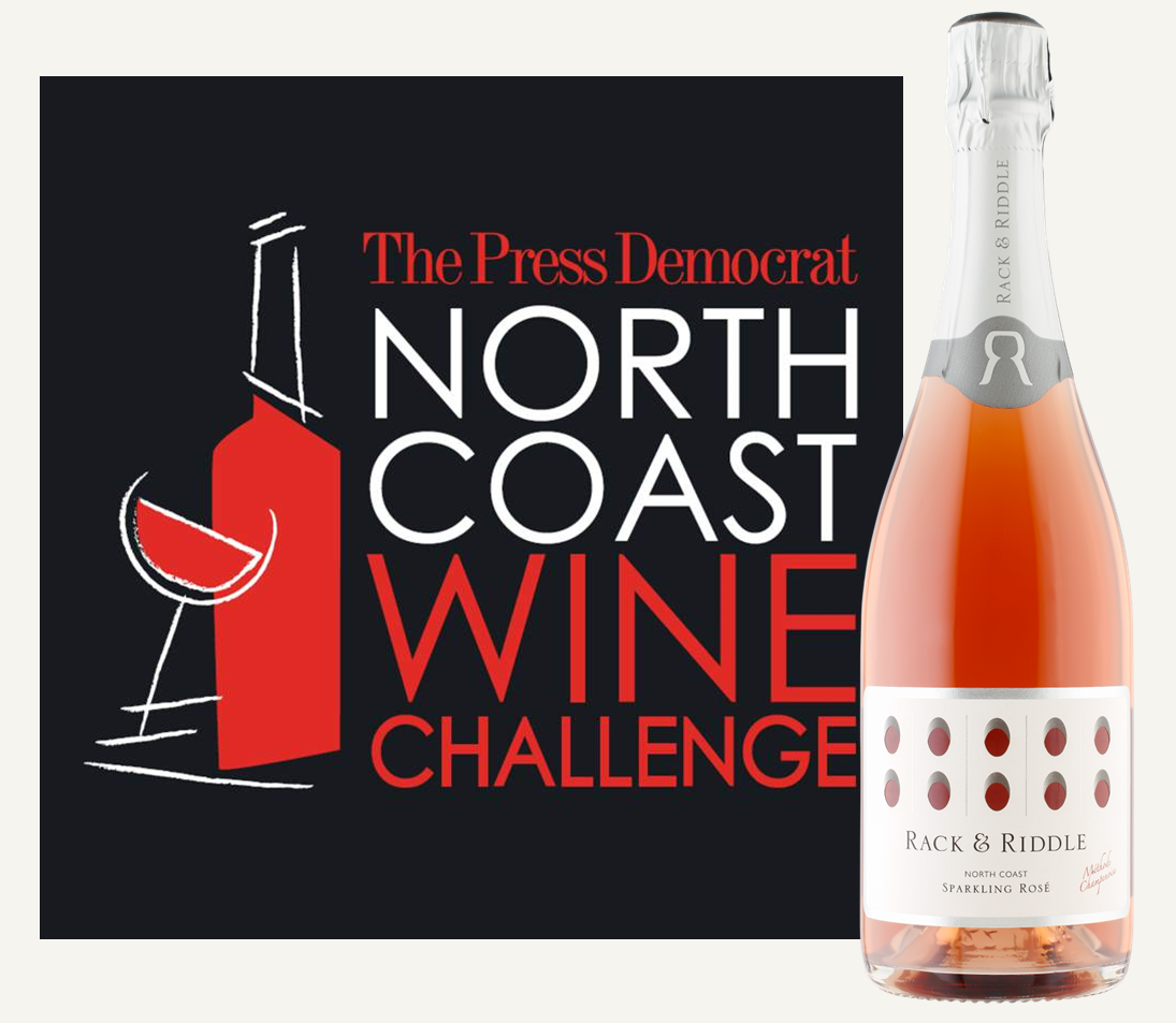 Rack & Riddle North Coast Sparkling Rosé won GOLD and 91 points at the 2020 Press Democrat North Coast Wine Challenge. Press Democrat North Coast Wine Challenge logo and a bottle of North Coast Sparkling Rosé
