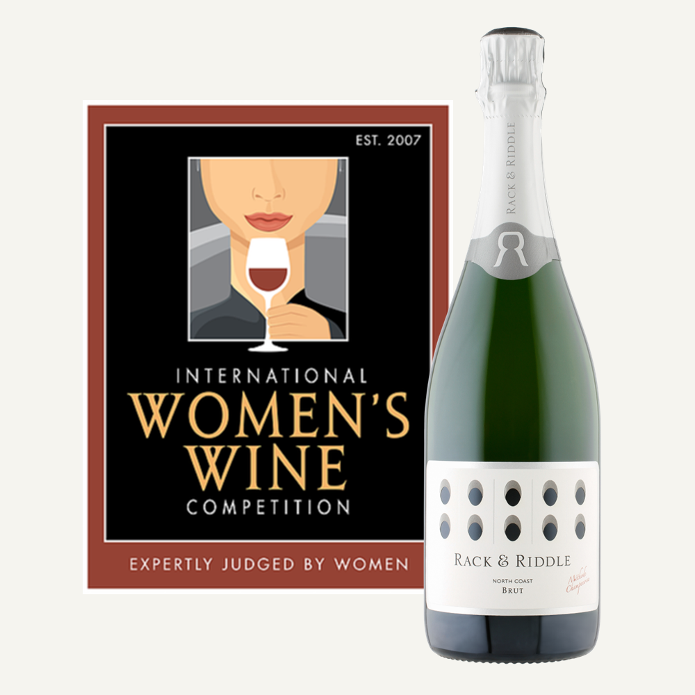 2020 International Women's Wine Competitions logo and a bottle of Rack & Riddle Brut