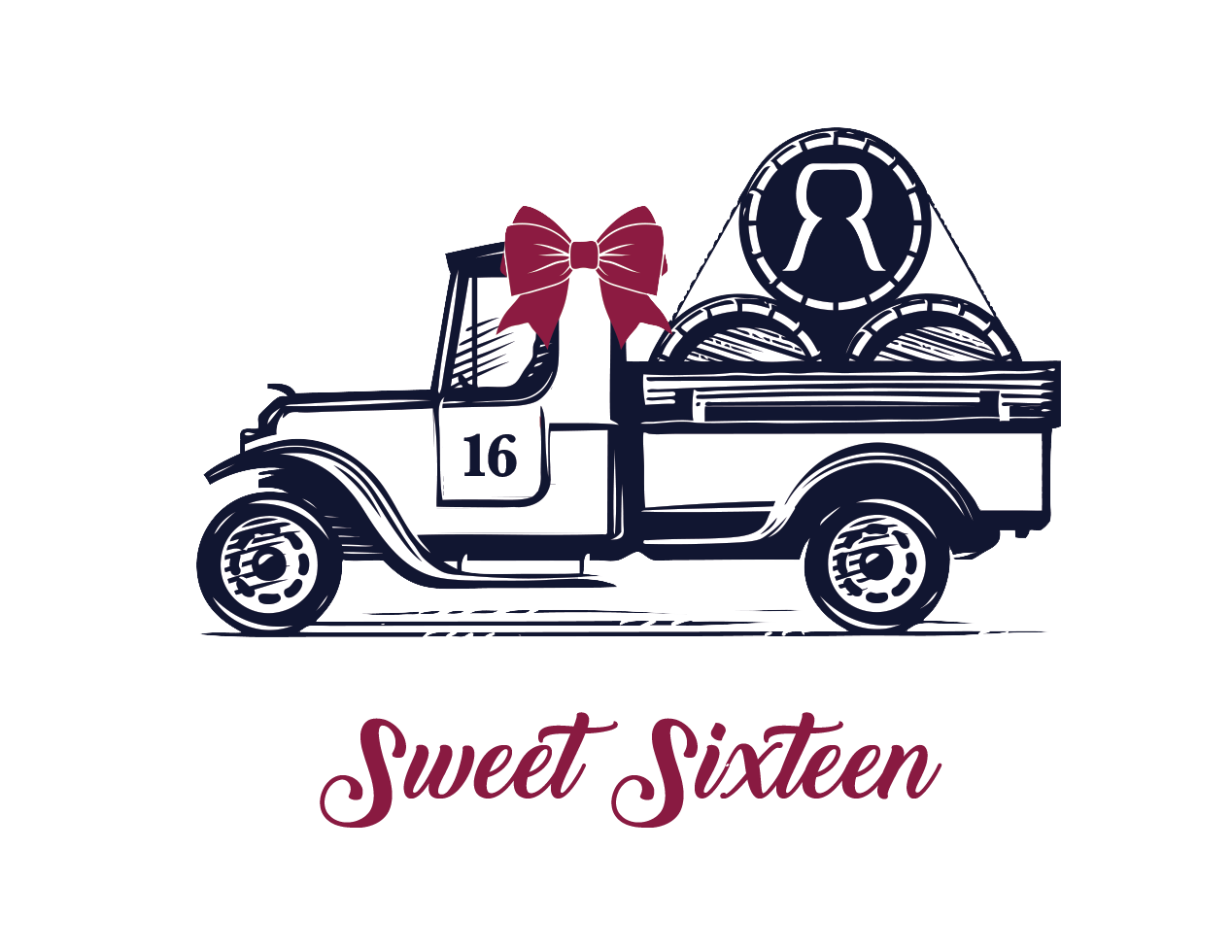 Sweet Sixteen Harvest-Web Truck with wine barrels in the back and the Rack and Riddle logo