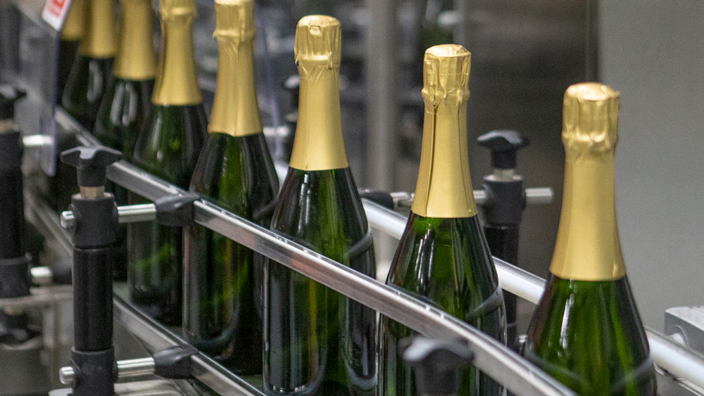 Sparkling wine bottles on a bottling line